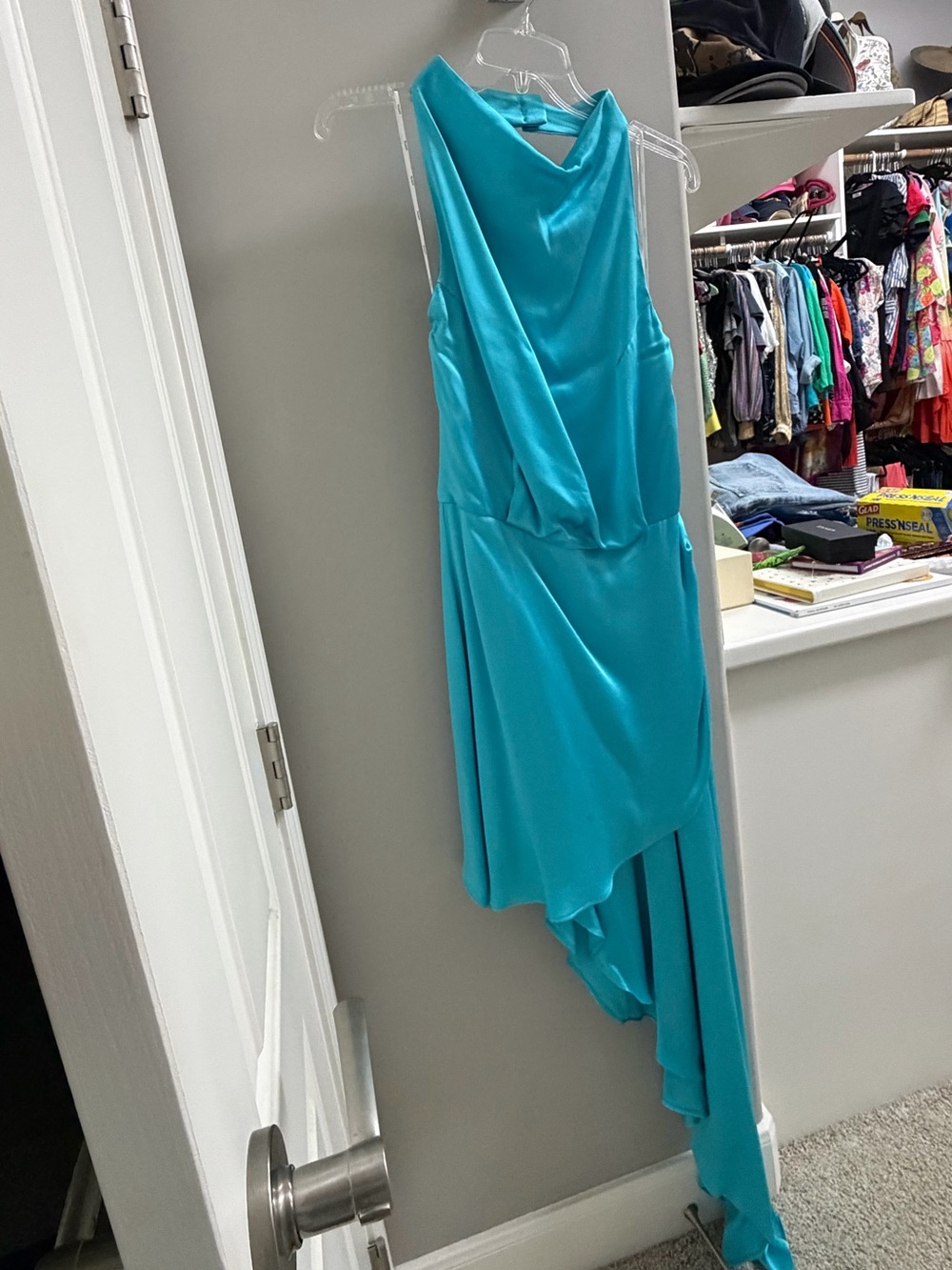 Elliatt Teal Satin Asymmetrical Cowl Dress